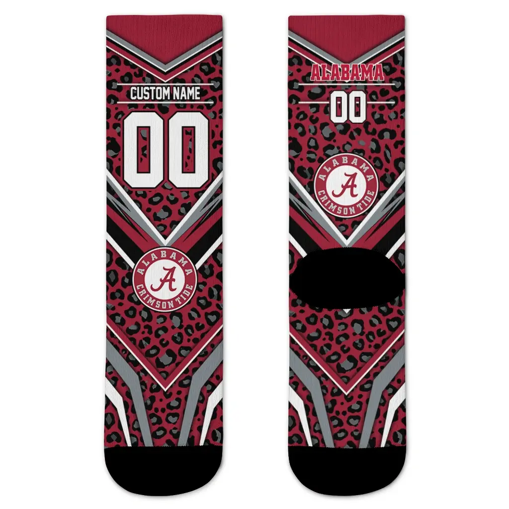 Alabama Crimson Tide Socks Custom Leopard Print Crimson Black Best Selling Alabama Crimson Tide Socks Custom Leopard Print Crimson Black Best Selling