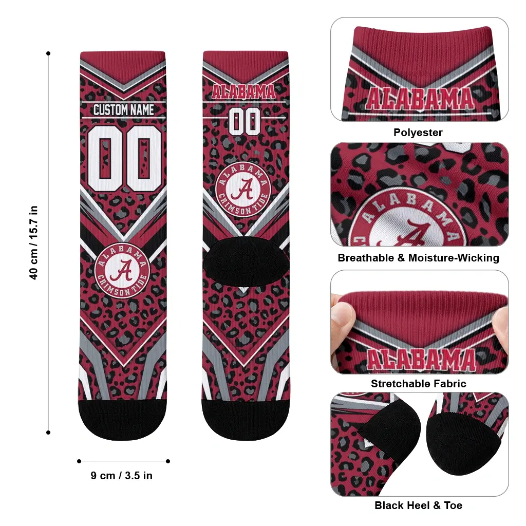 Alabama Crimson Tide Socks Custom Leopard Print Crimson Black High Quality Alabama Crimson Tide Socks Custom Leopard Print Crimson Black High Quality