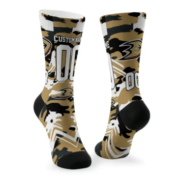 Anaheim Ducks Socks Custom Woodland Camo Gold Fashion Forward