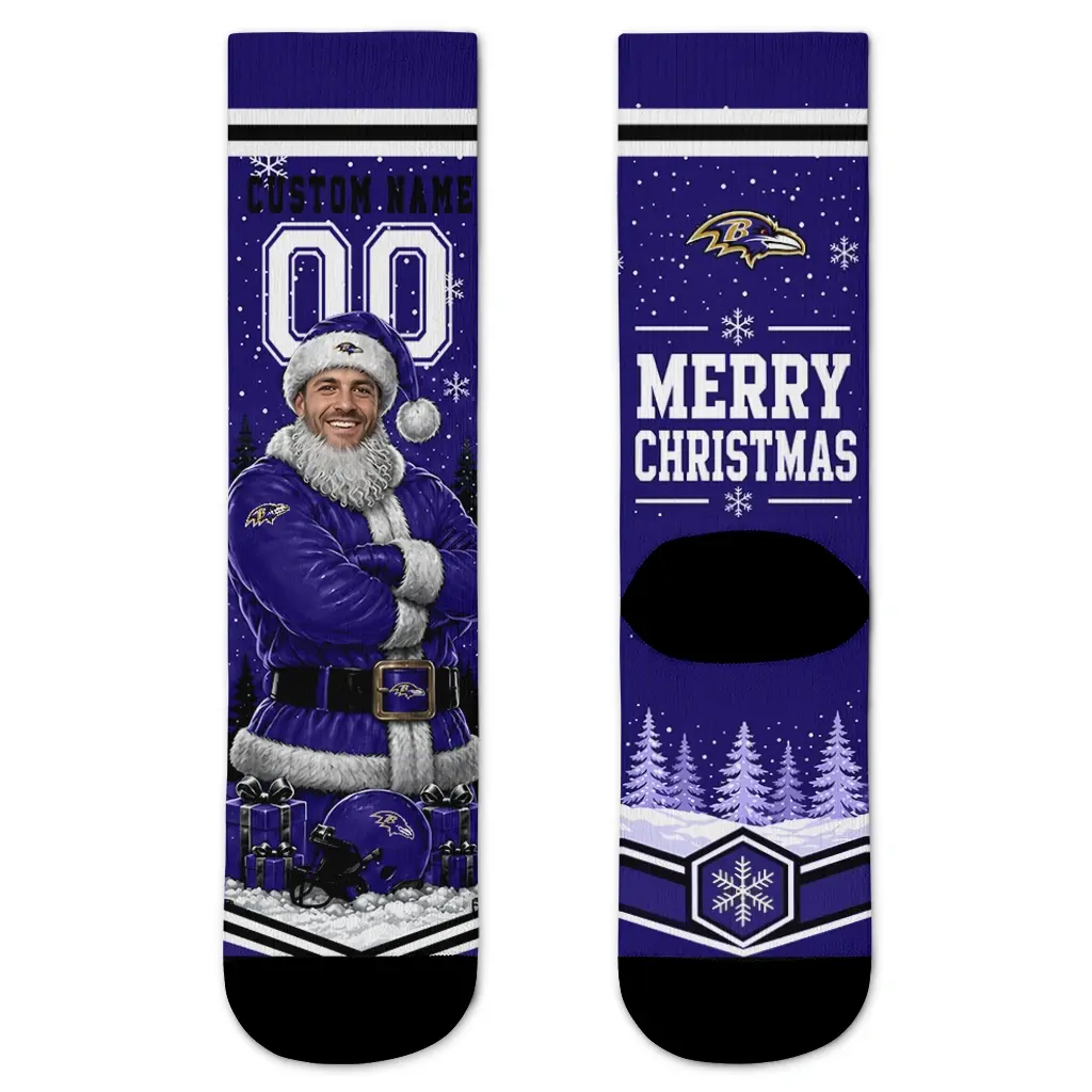 Baltimore Ravens Socks Customized Snowy Scene Purple White Best Selling Baltimore Ravens Socks Customized Snowy Scene Purple White Best Selling