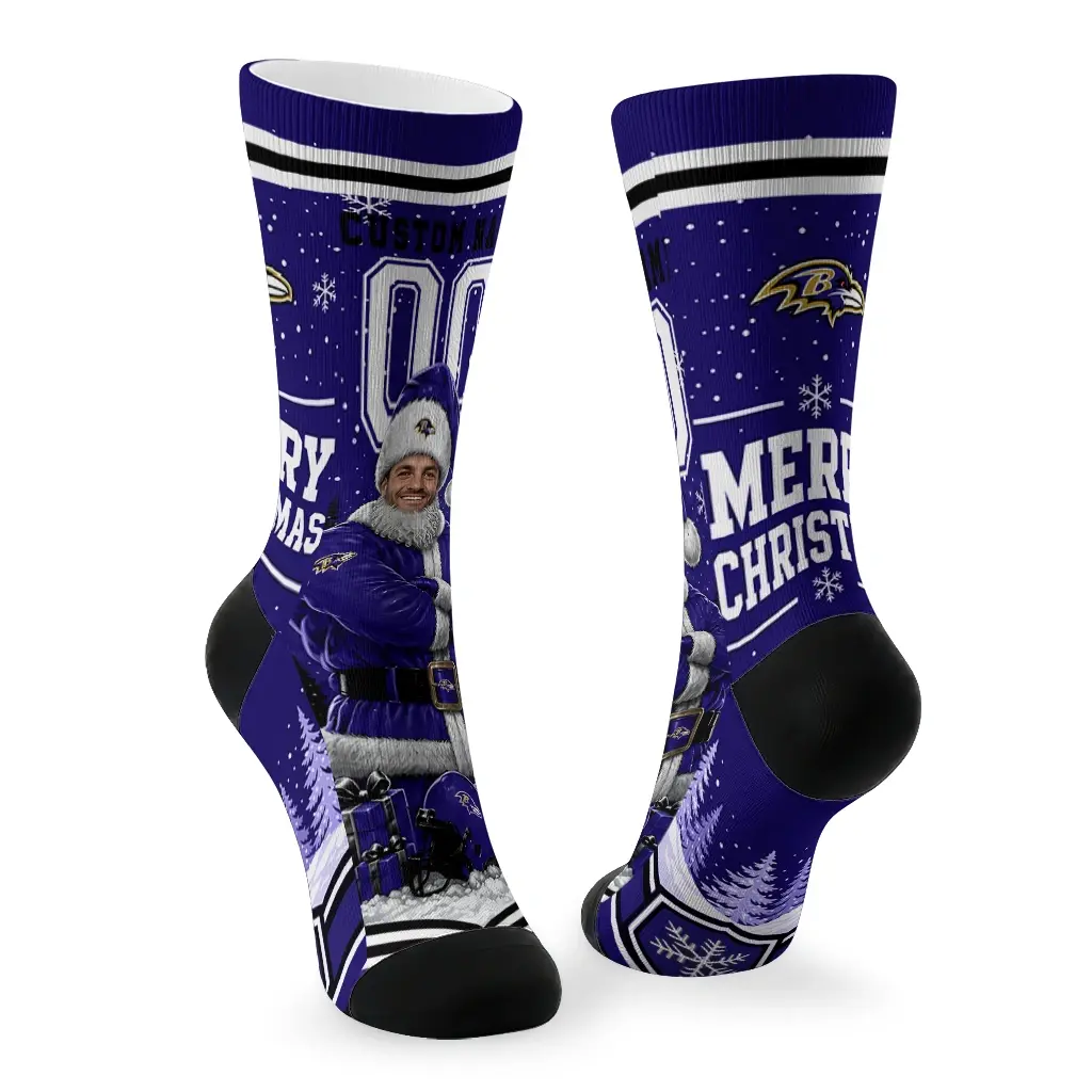 Baltimore Ravens Socks Customized Snowy Scene Purple White Fashion Forward Baltimore Ravens Socks Customized Snowy Scene Purple White Fashion Forward