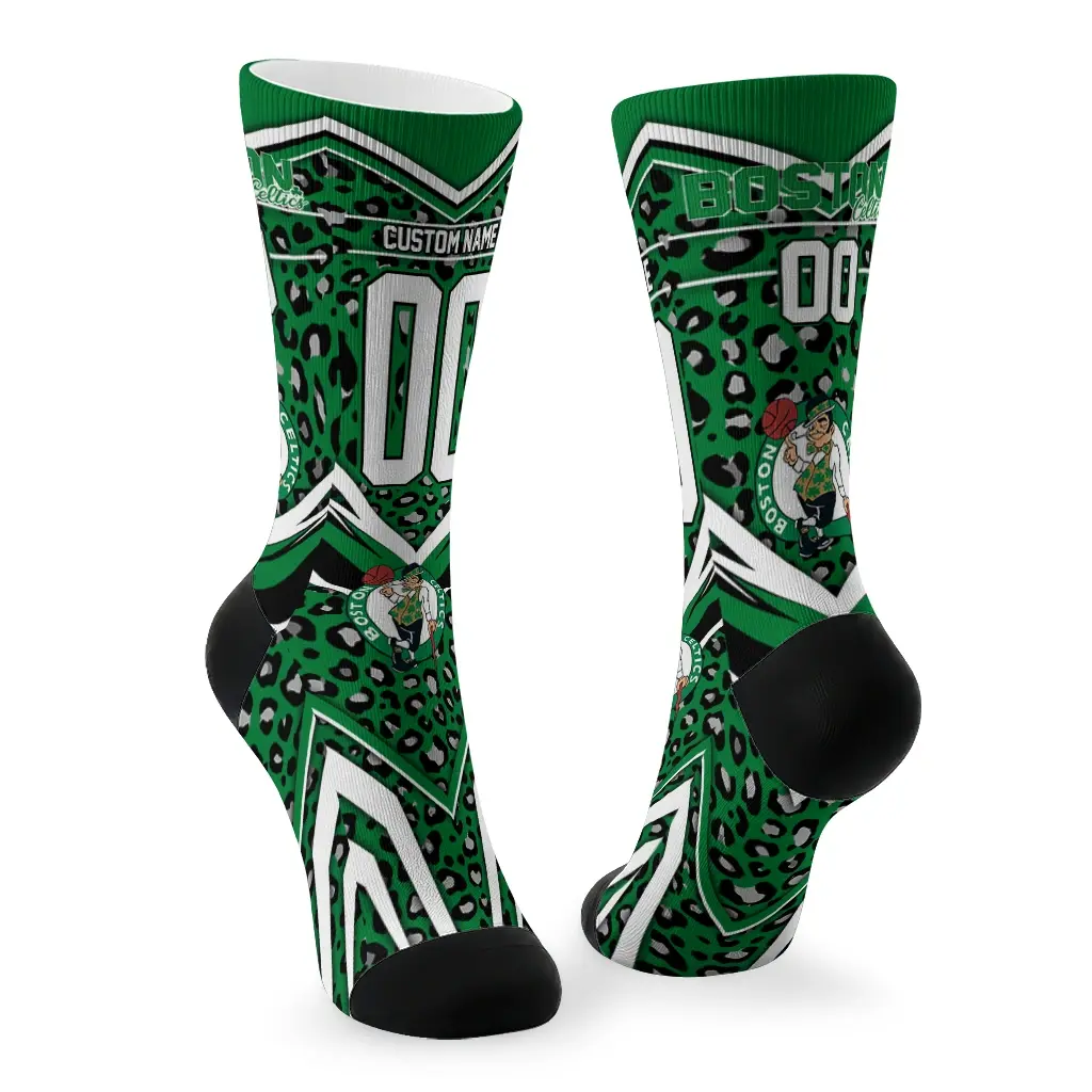 Boston Celtics Socks Custom Leopard Print Green Black Fashion Forward Boston Celtics Socks Custom Leopard Print Green Black Fashion Forward