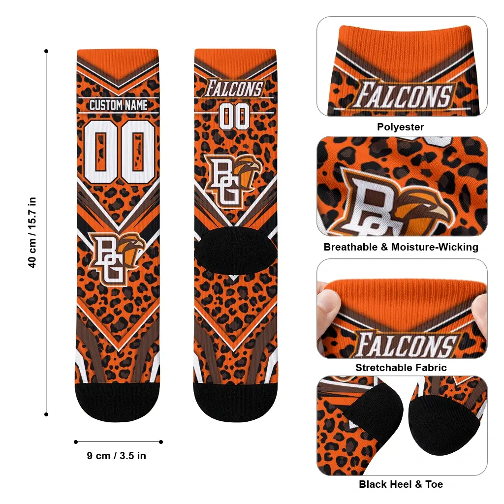 Bowling Green Falcons Socks Customized Leopard Print Orange Black High Quality Bowling Green Falcons Socks Customized Leopard Print Orange Black High Quality