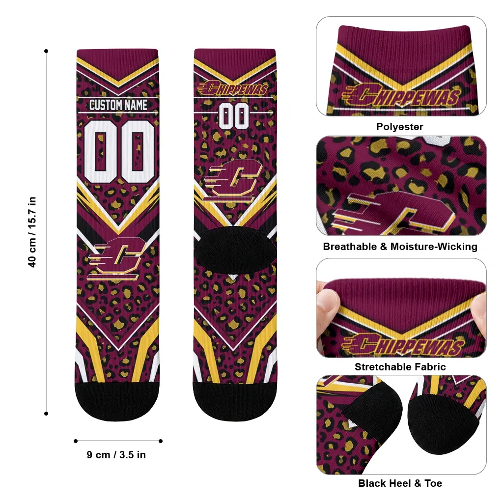 Central Michigan Chippewas Socks Customized Leopard Print Maroon Black High Quality Central Michigan Chippewas Socks Customized Leopard Print Maroon Black High Quality