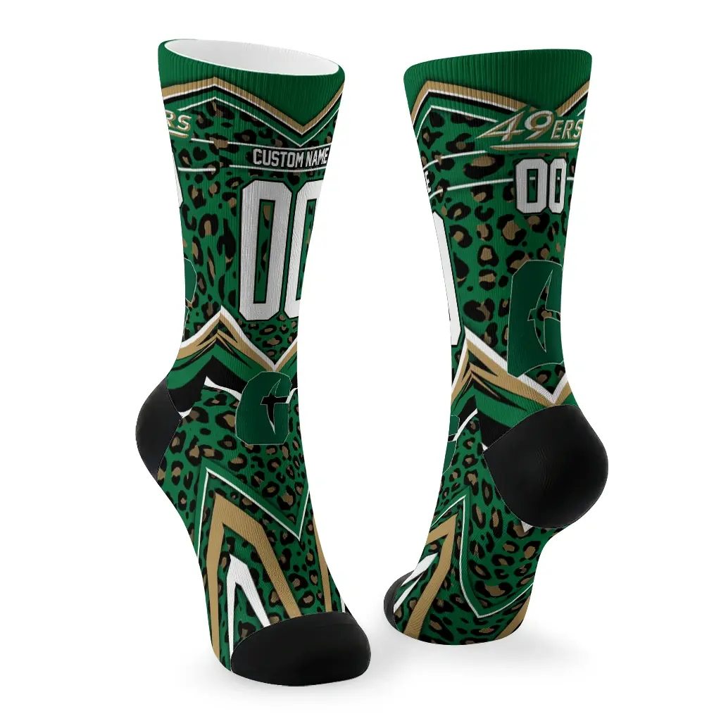 Charlotte 49ers Socks Customized Leopard Print Green Black Fashion Forward Charlotte 49ers Socks Customized Leopard Print Green Black Fashion Forward