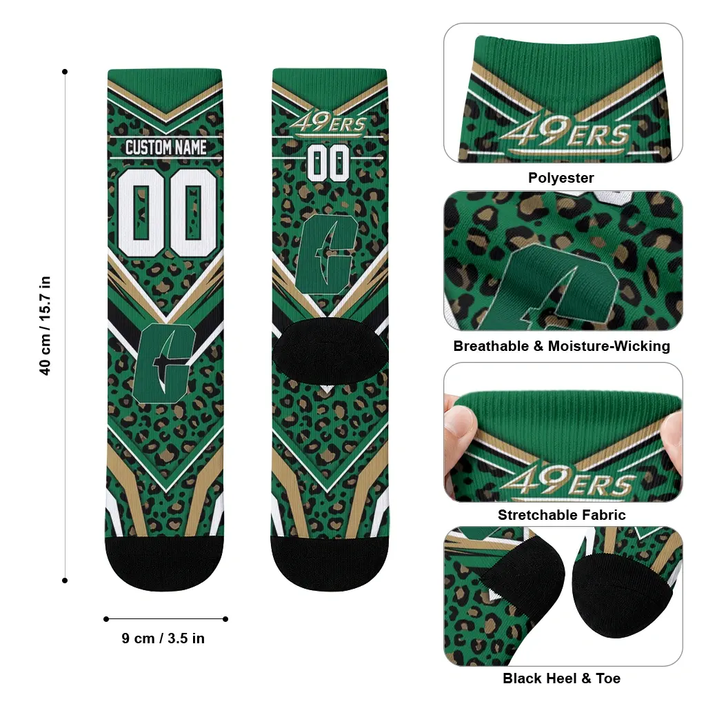 Charlotte 49ers Socks Customized Leopard Print Green Black High Quality Charlotte 49ers Socks Customized Leopard Print Green Black High Quality