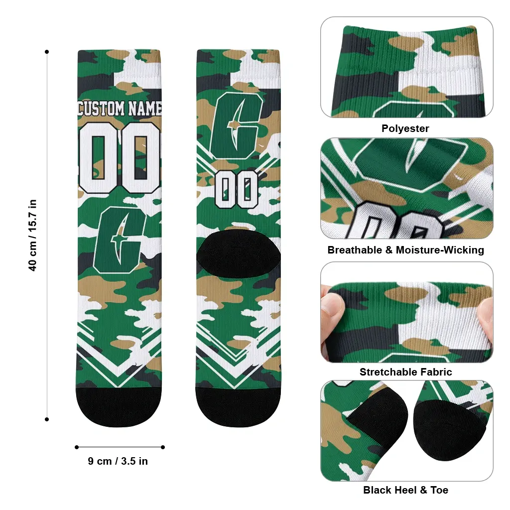 Charlotte 49ers Socks Customized Woodland Camo Green High Quality Charlotte 49ers Socks Customized Woodland Camo Green High Quality