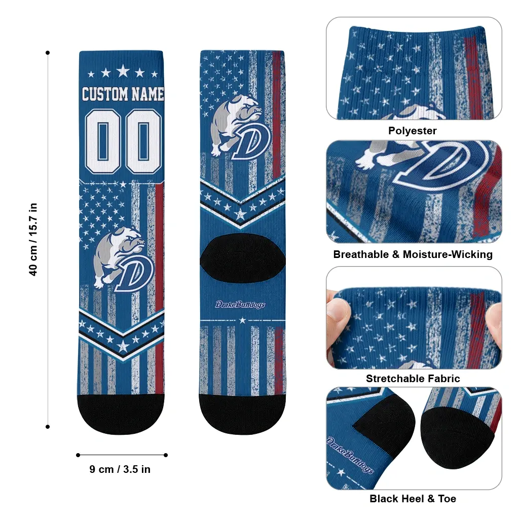 Drake Bulldogs Socks Customized Star Stripes Blue White High Quality Drake Bulldogs Socks Customized Star Stripes Blue White High Quality