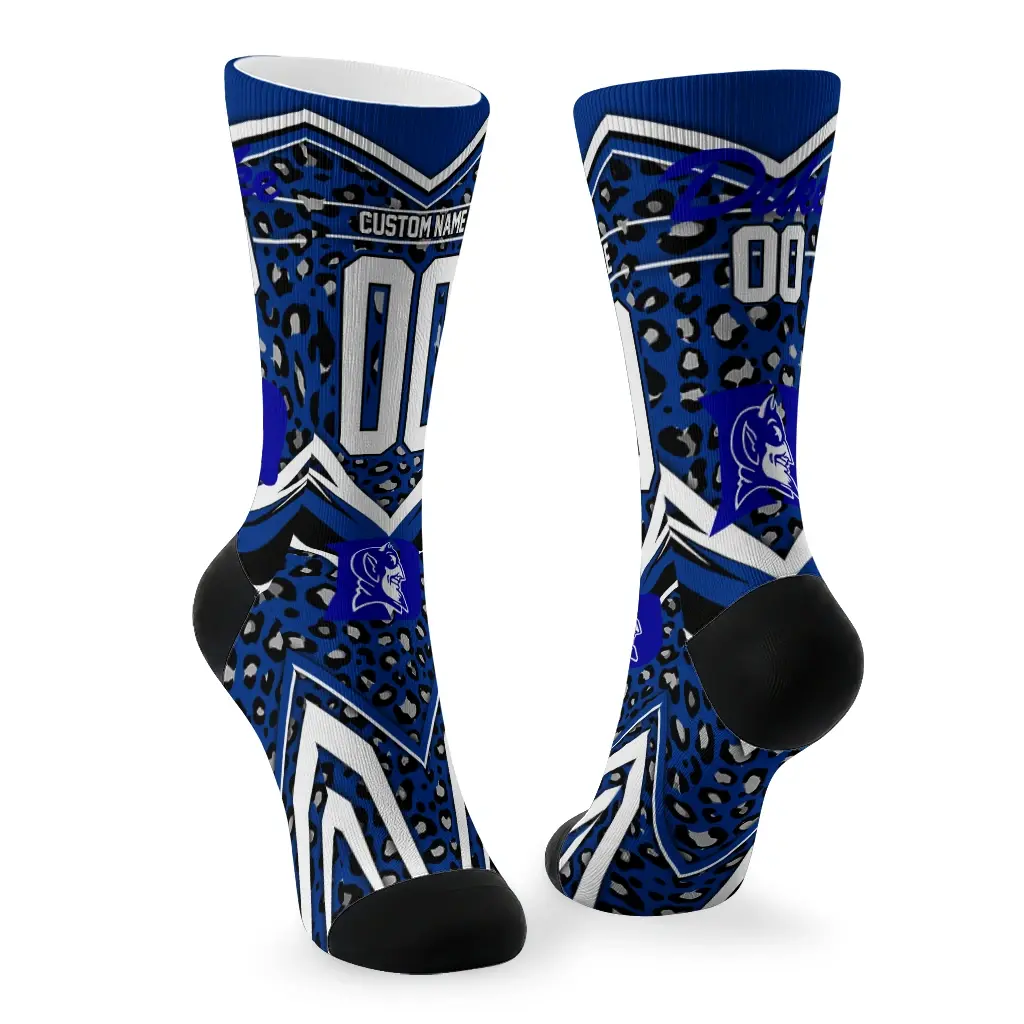 Duke Blue Devils Socks Custom Leopard Print Blue Black Fashion Forward Duke Blue Devils Socks Custom Leopard Print Blue Black Fashion Forward