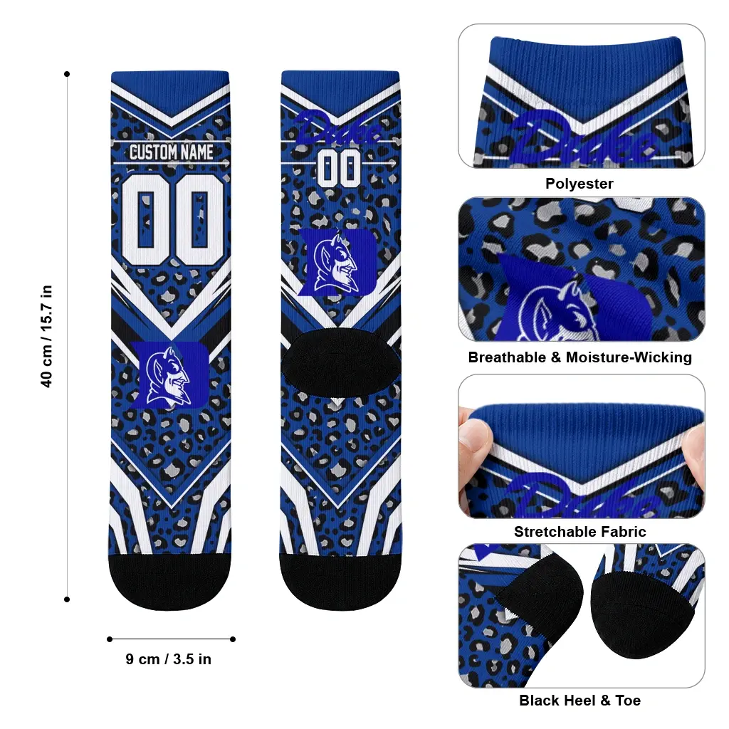 Duke Blue Devils Socks Custom Leopard Print Blue Black High Quality Duke Blue Devils Socks Custom Leopard Print Blue Black High Quality