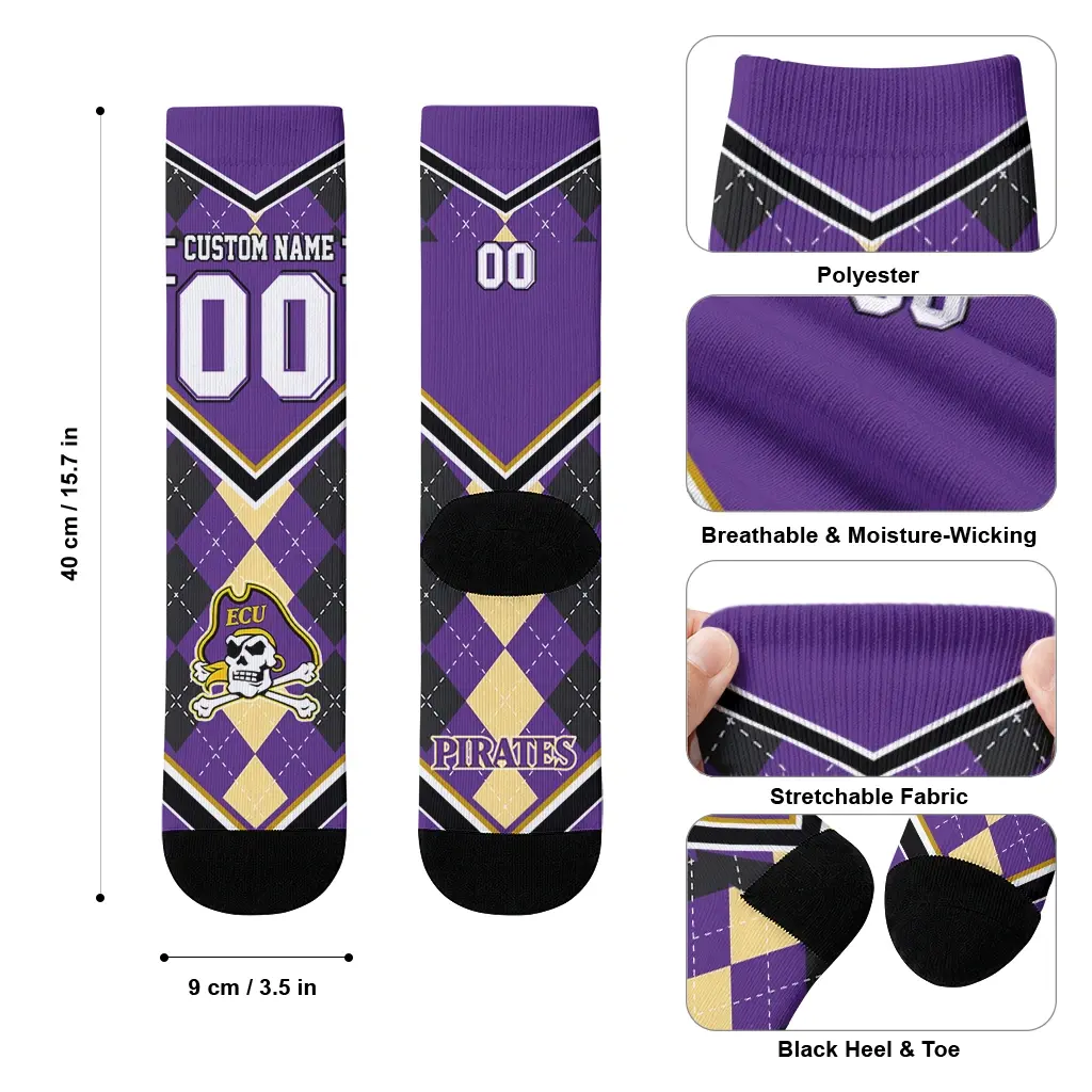 East Carolina Pirates Socks Personalized Argyle Pattern Purple High Quality East Carolina Pirates Socks Personalized Argyle Pattern Purple High Quality