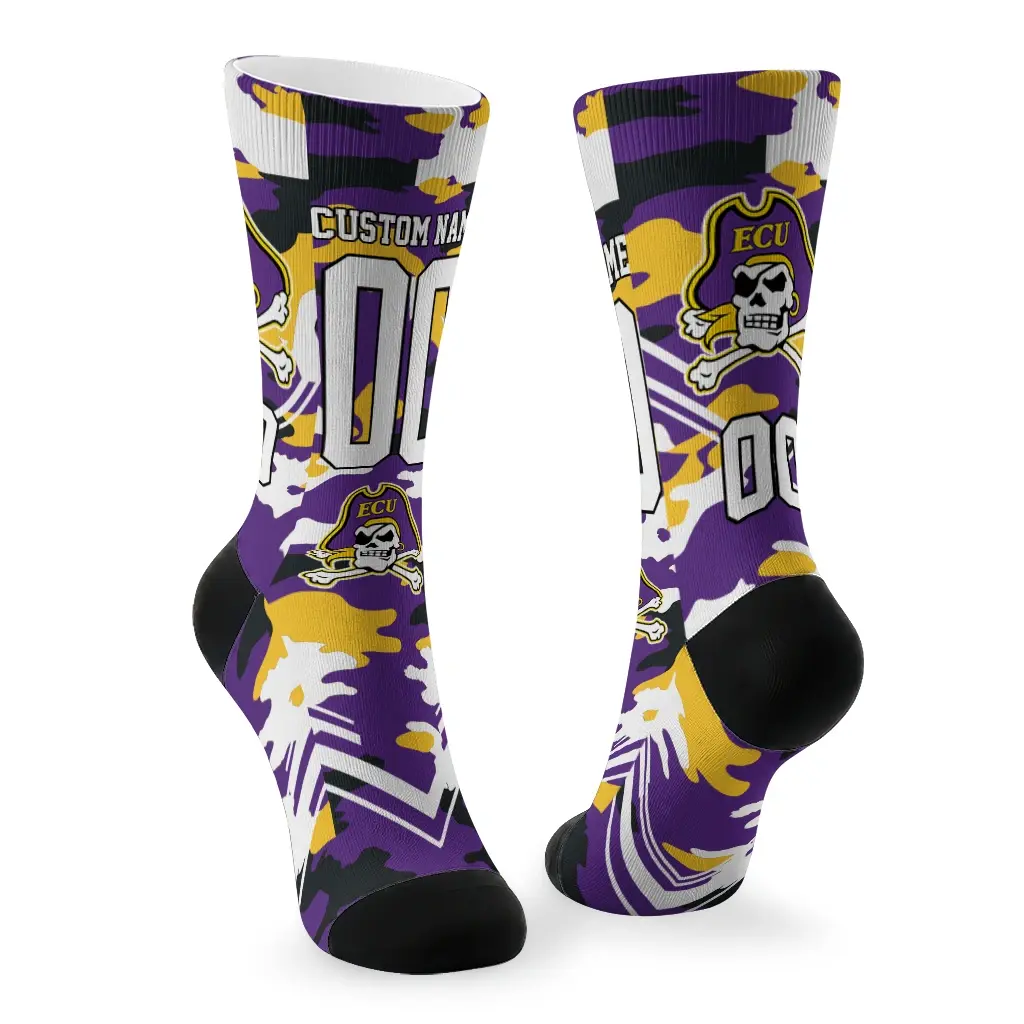 East Carolina Pirates Socks Personalized Woodland Camo Purple Fashion Forward East Carolina Pirates Socks Personalized Woodland Camo Purple Fashion Forward