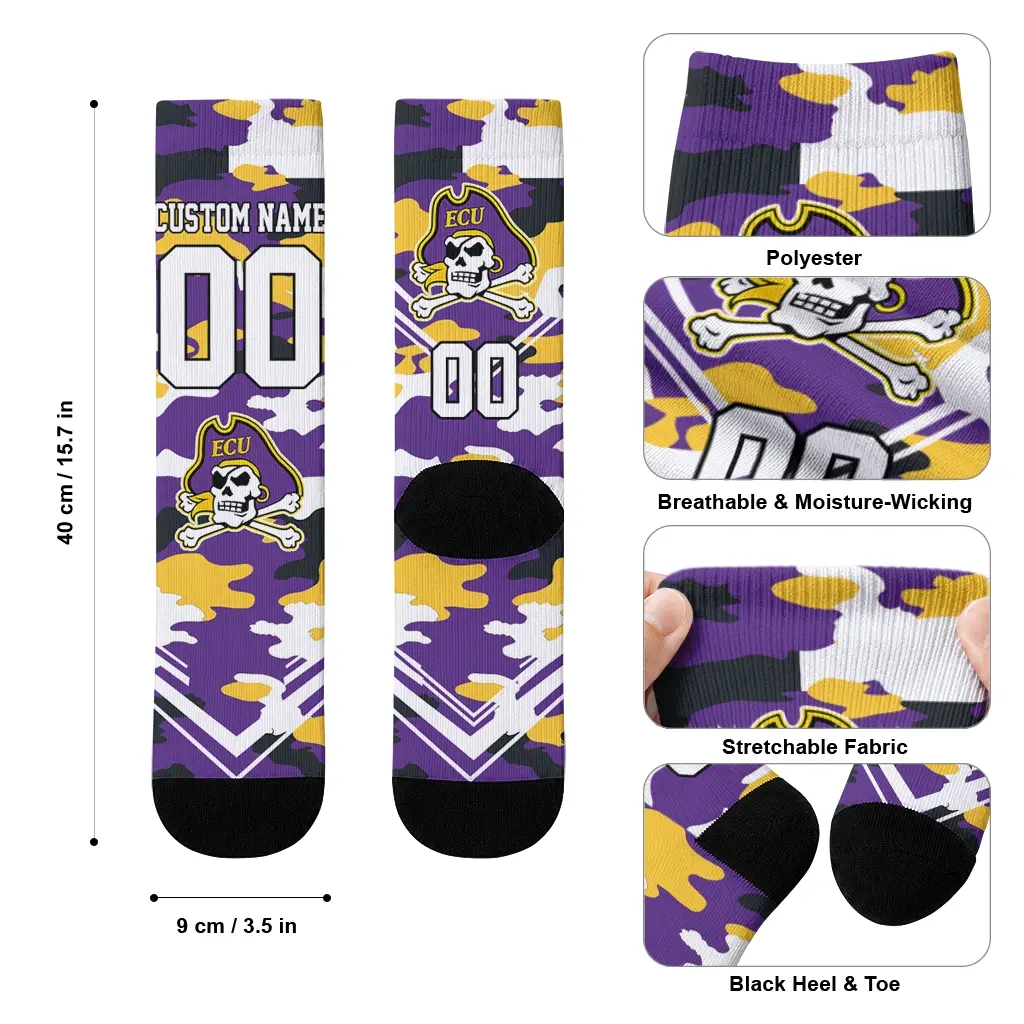 East Carolina Pirates Socks Personalized Woodland Camo Purple High Quality East Carolina Pirates Socks Personalized Woodland Camo Purple High Quality