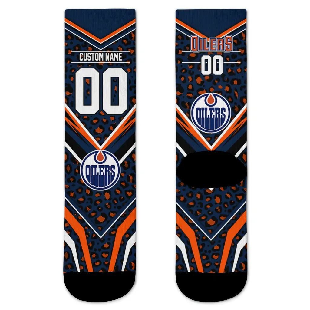 Edmonton Oilers Socks Customized Leopard Print Blue Black Best Selling Edmonton Oilers Socks Customized Leopard Print Blue Black Best Selling