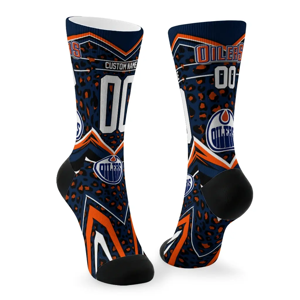 Edmonton Oilers Socks Customized Leopard Print Blue Black Fashion Forward Edmonton Oilers Socks Customized Leopard Print Blue Black Fashion Forward