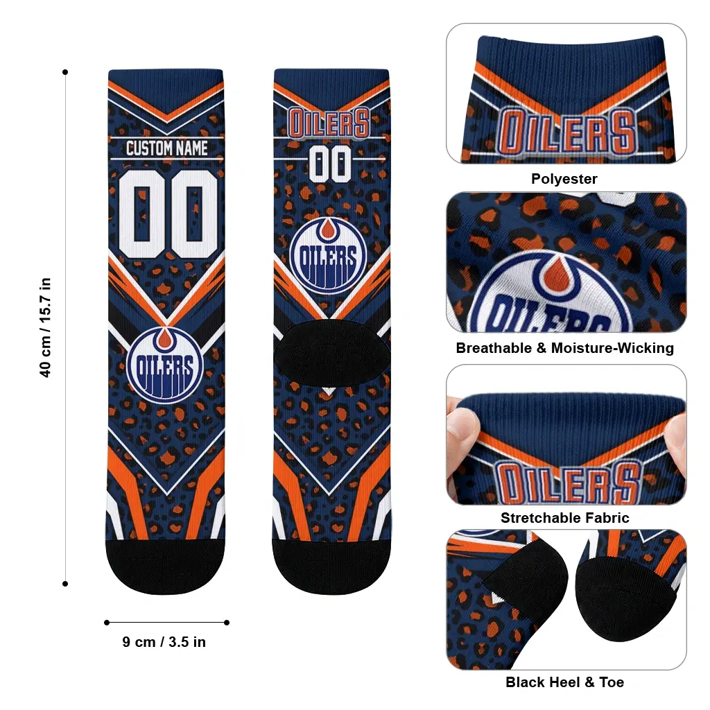 Edmonton Oilers Socks Customized Leopard Print Blue Black High Quality Edmonton Oilers Socks Customized Leopard Print Blue Black High Quality