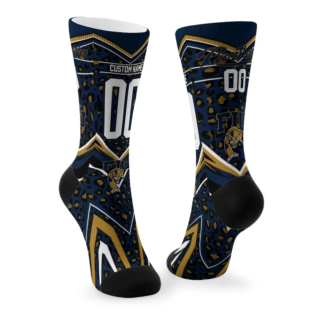 Fiu Panthers Socks Custom Leopard Print Blue Black Fashion Forward Fiu Panthers Socks Custom Leopard Print Blue Black Fashion Forward