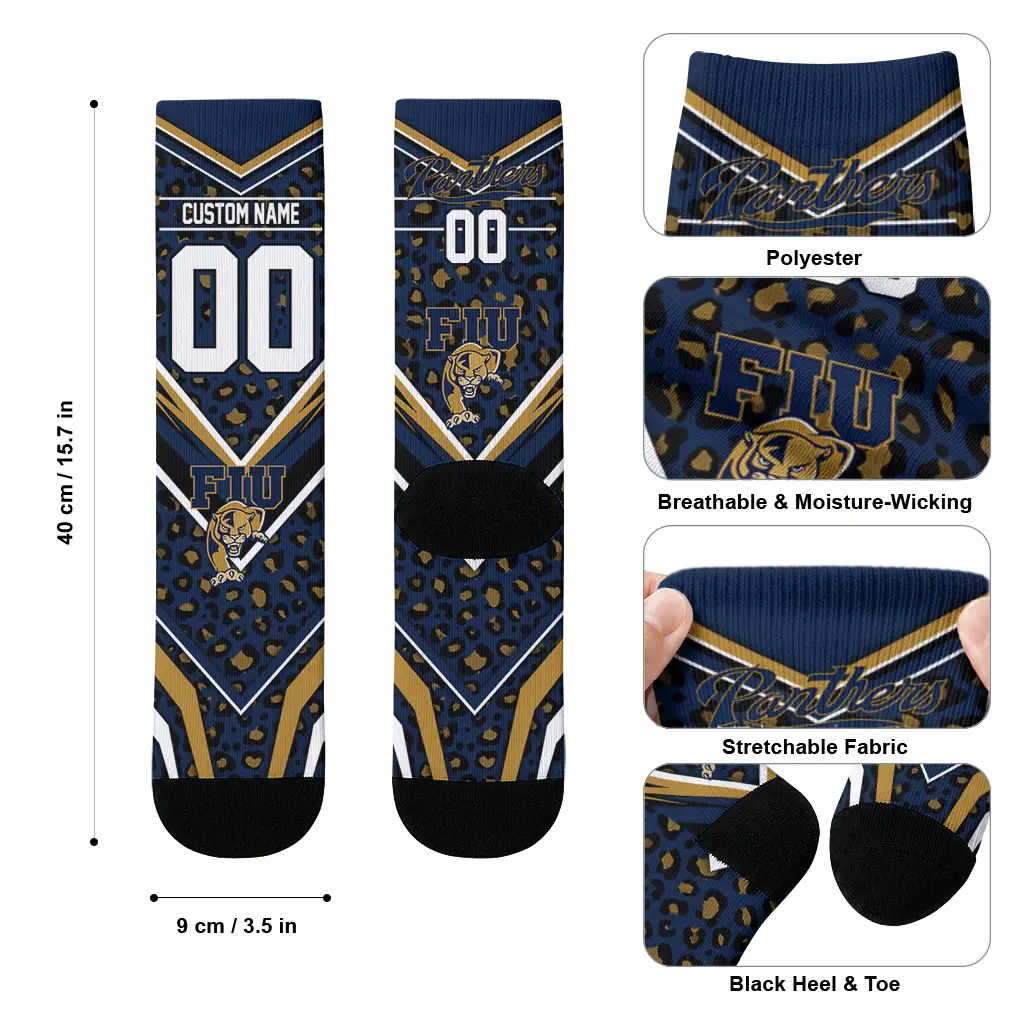 Fiu Panthers Socks Custom Leopard Print Blue Black High Quality Fiu Panthers Socks Custom Leopard Print Blue Black High Quality