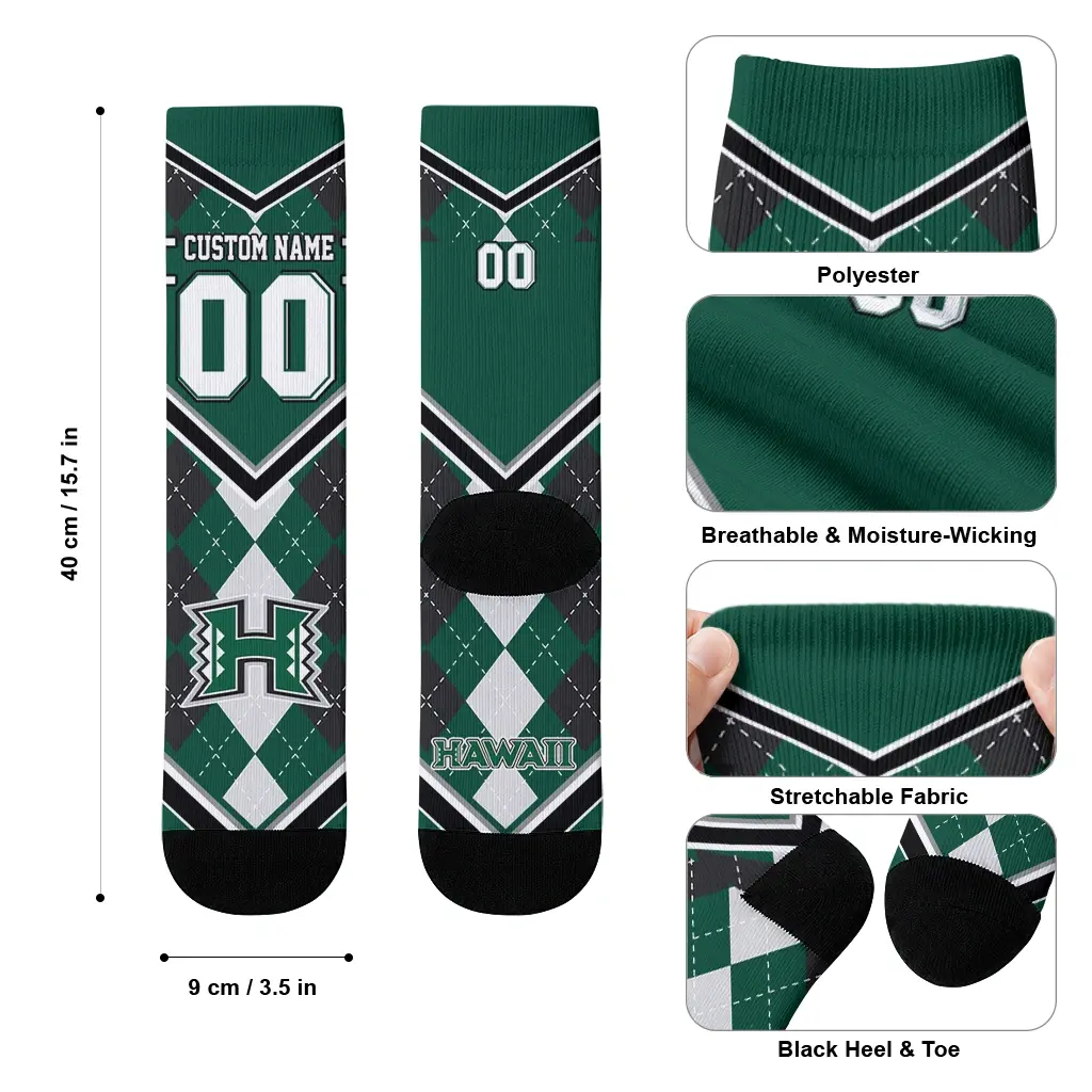 Hawaii Rainbow Warriors Socks Customized Argyle Pattern Green High Quality Hawaii Rainbow Warriors Socks Customized Argyle Pattern Green High Quality