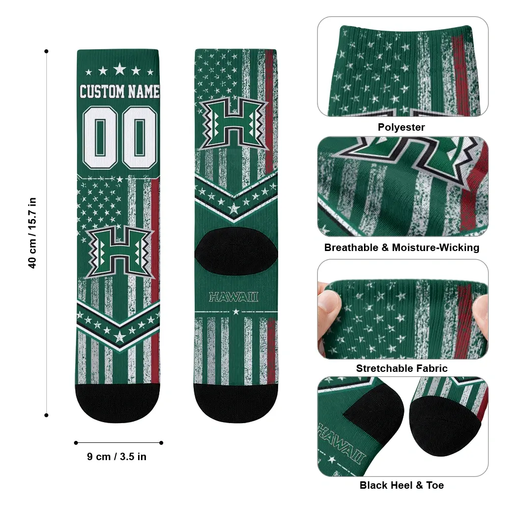 Hawaii Rainbow Warriors Socks Customized Star Stripes Green White High Quality Hawaii Rainbow Warriors Socks Customized Star Stripes Green White High Quality