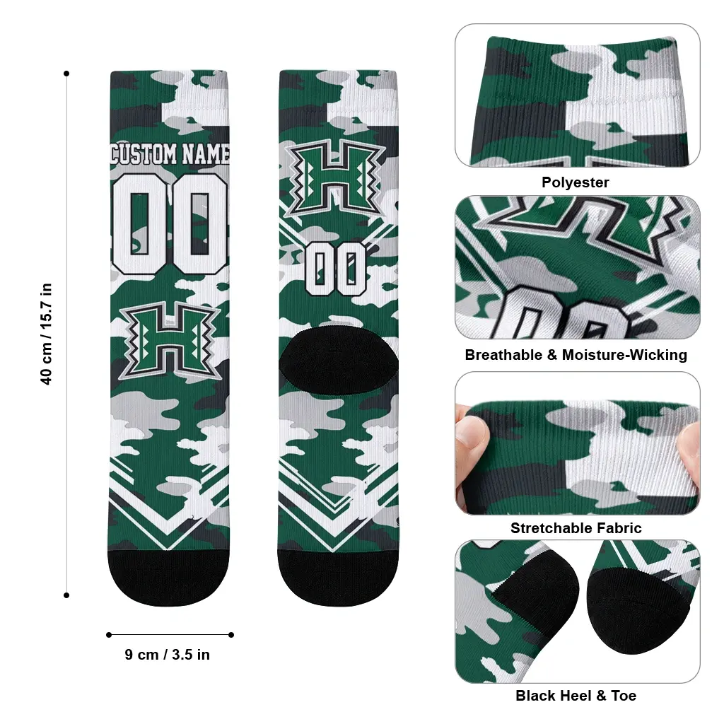 Hawaii Rainbow Warriors Socks Customized Woodland Camo Green High Quality Hawaii Rainbow Warriors Socks Customized Woodland Camo Green High Quality