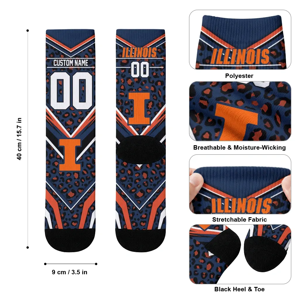 Illinois Fighting Illini Socks Customized Leopard Print Blue Black High Quality Illinois Fighting Illini Socks Customized Leopard Print Blue Black High Quality