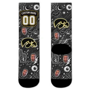 Iowa Hawkeyes Socks Personalized Scattered Icons Black Best Selling