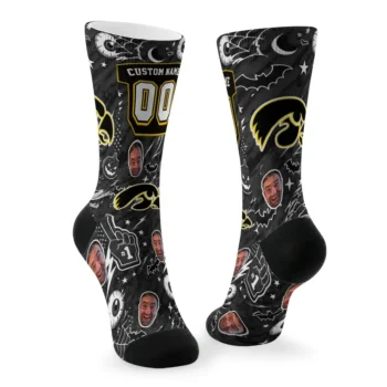 Iowa Hawkeyes Socks Personalized Scattered Icons Black Fashion Forward
