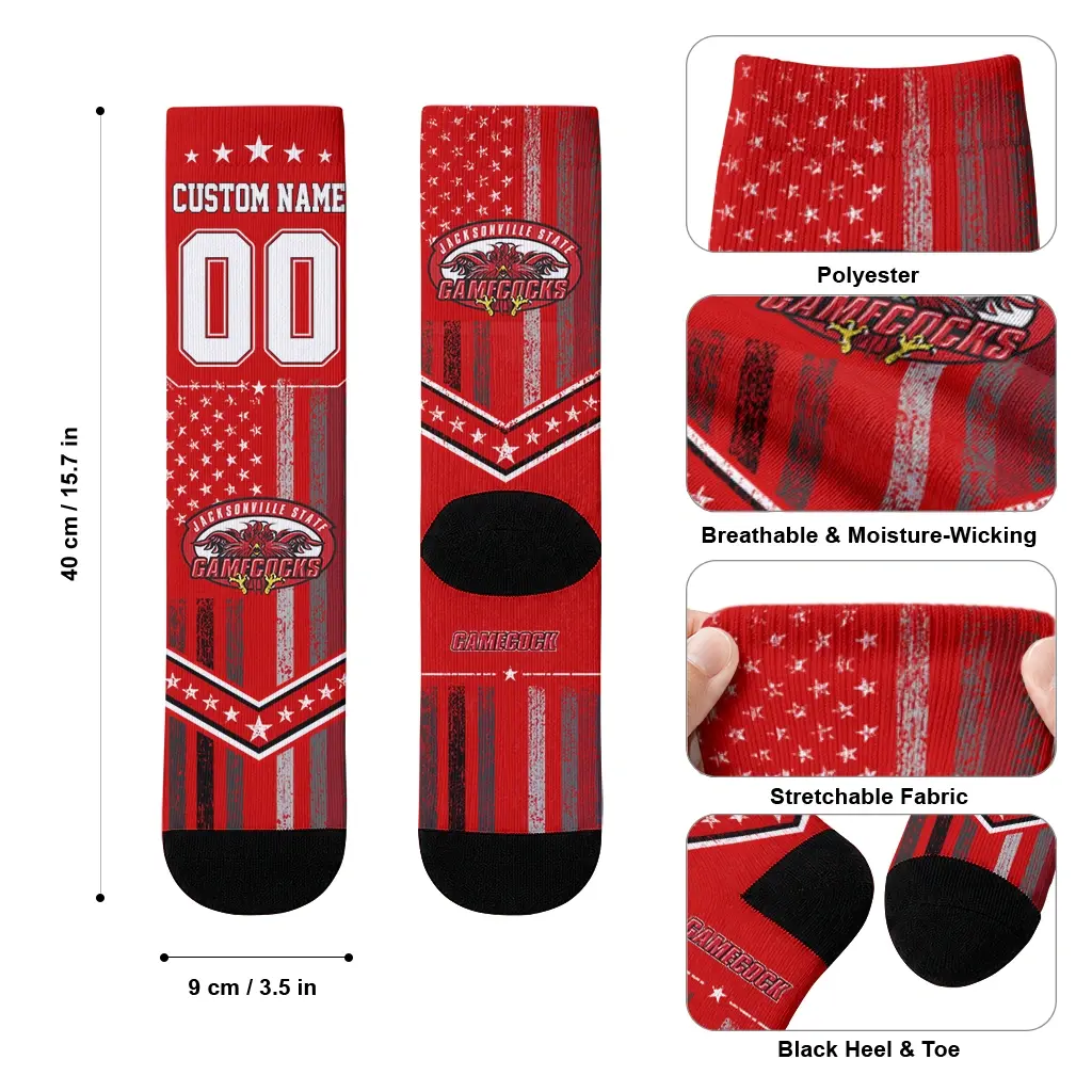 Jacksonville State Gamecocks Socks Customized Star Stripes Red White High Quality Jacksonville State Gamecocks Socks Customized Star Stripes Red White High Quality