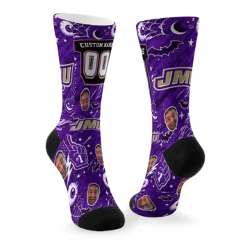 James Madison Dukes Socks Personalized Scattered Icons Purple Fashion Forward