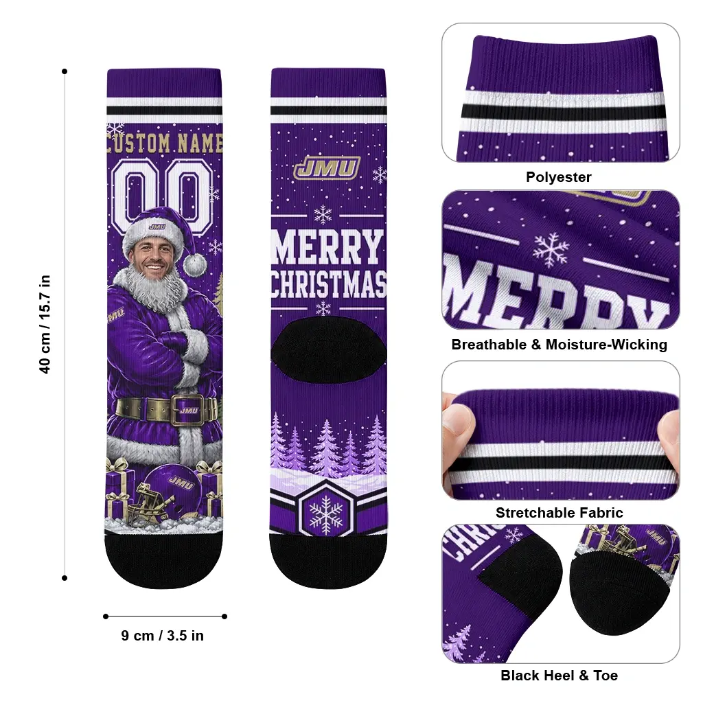 James Madison Dukes Socks Personalized Snowy Scene Purple White High Quality James Madison Dukes Socks Personalized Snowy Scene Purple White High Quality