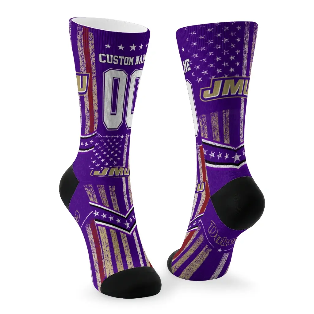 James Madison Dukes Socks Personalized Star Stripes Purple White Fashion Forward James Madison Dukes Socks Personalized Star Stripes Purple White Fashion Forward