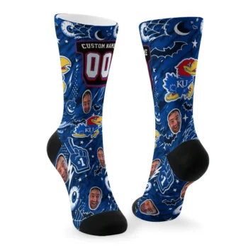 Kansas Jayhawks Socks Custom Scattered Icons Blue Fashion Forward
