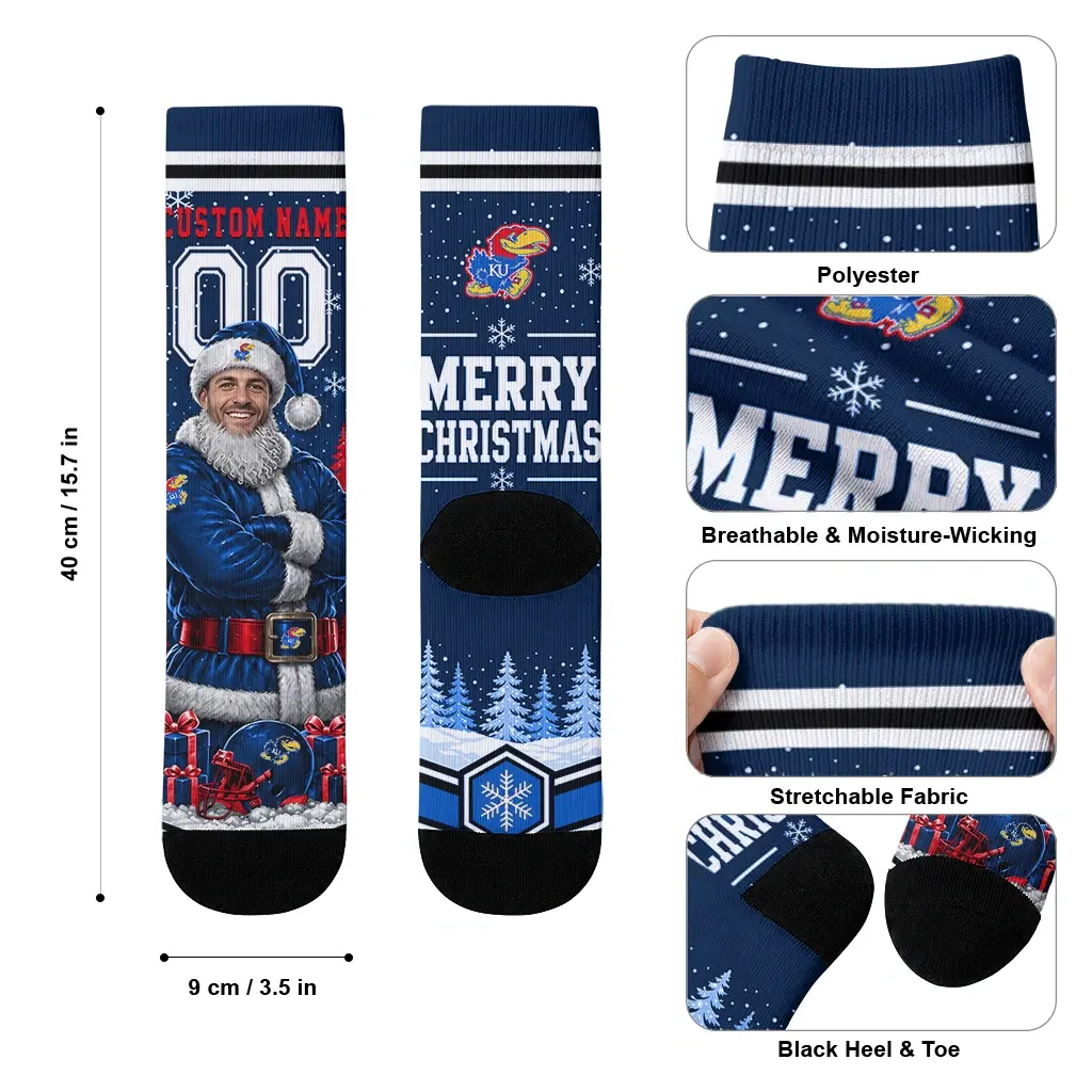 Kansas Jayhawks Socks Custom Snowy Scene Blue White High Quality Kansas Jayhawks Socks Custom Snowy Scene Blue White High Quality