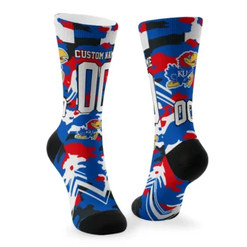 Kansas Jayhawks Socks Custom Woodland Camo Blue Fashion Forward