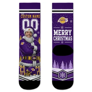 Los Angeles Lakers Socks Personalized Snowy Scene Purple White Best Selling