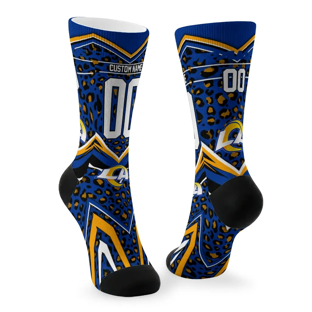 Los Angeles Rams Socks Custom Leopard Print Blue Black Fashion Forward Los Angeles Rams Socks Custom Leopard Print Blue Black Fashion Forward