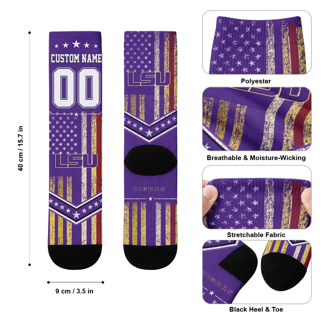 Lsu Tigers Socks Custom Star Stripes Purple White High Quality Lsu Tigers Socks Custom Star Stripes Purple White High Quality