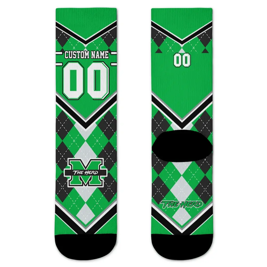 Marshall Thundering Herd Socks Customized Argyle Pattern Green Best Selling Marshall Thundering Herd Socks Customized Argyle Pattern Green Best Selling