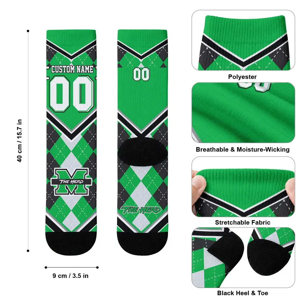 Marshall Thundering Herd Socks Customized Argyle Pattern Green High Quality Marshall Thundering Herd Socks Customized Argyle Pattern Green High Quality