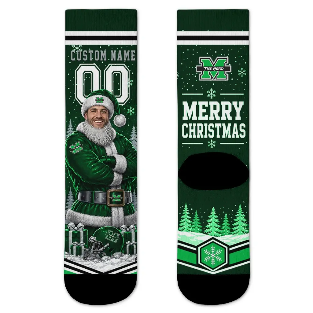 Marshall Thundering Herd Socks Customized Snowy Scene Green White Best Selling Marshall Thundering Herd Socks Customized Snowy Scene Green White Best Selling