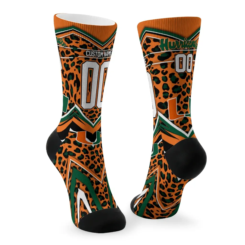 Miami Hurricanes Socks Personalized Leopard Print Orange Black Fashion Forward Miami Hurricanes Socks Personalized Leopard Print Orange Black Fashion Forward