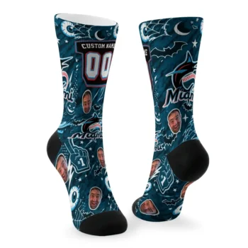 Miami Marlins Socks Custom Scattered Icons Blue Fashion Forward