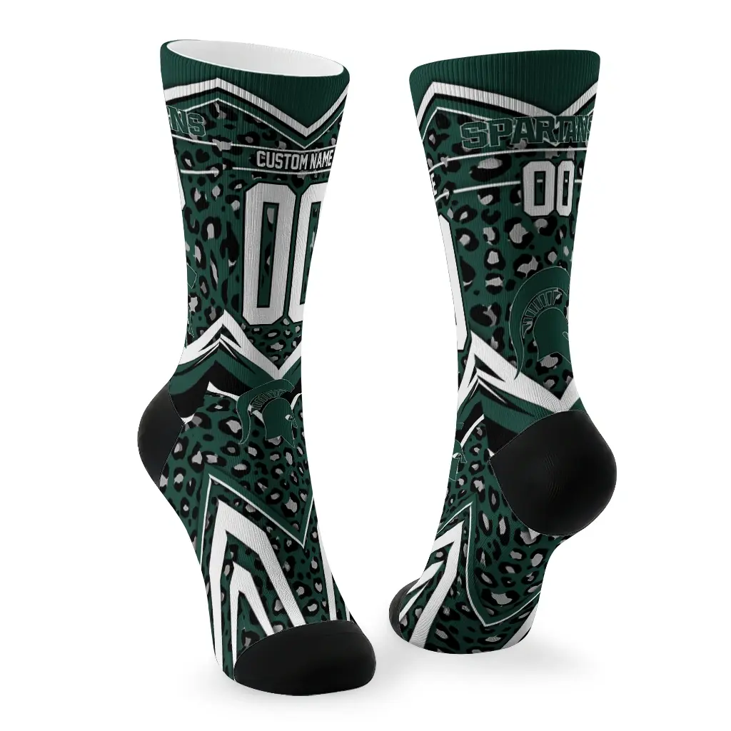 Michigan State Spartans Socks Custom Leopard Print Green Black Fashion Forward Michigan State Spartans Socks Custom Leopard Print Green Black Fashion Forward