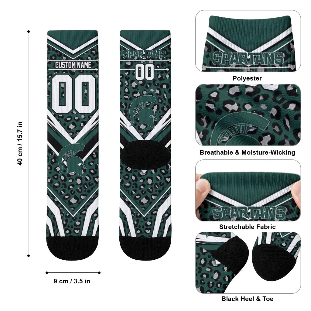 Michigan State Spartans Socks Custom Leopard Print Green Black High Quality Michigan State Spartans Socks Custom Leopard Print Green Black High Quality