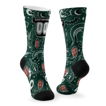 Michigan State Spartans Socks Custom Scattered Icons Green Fashion Forward