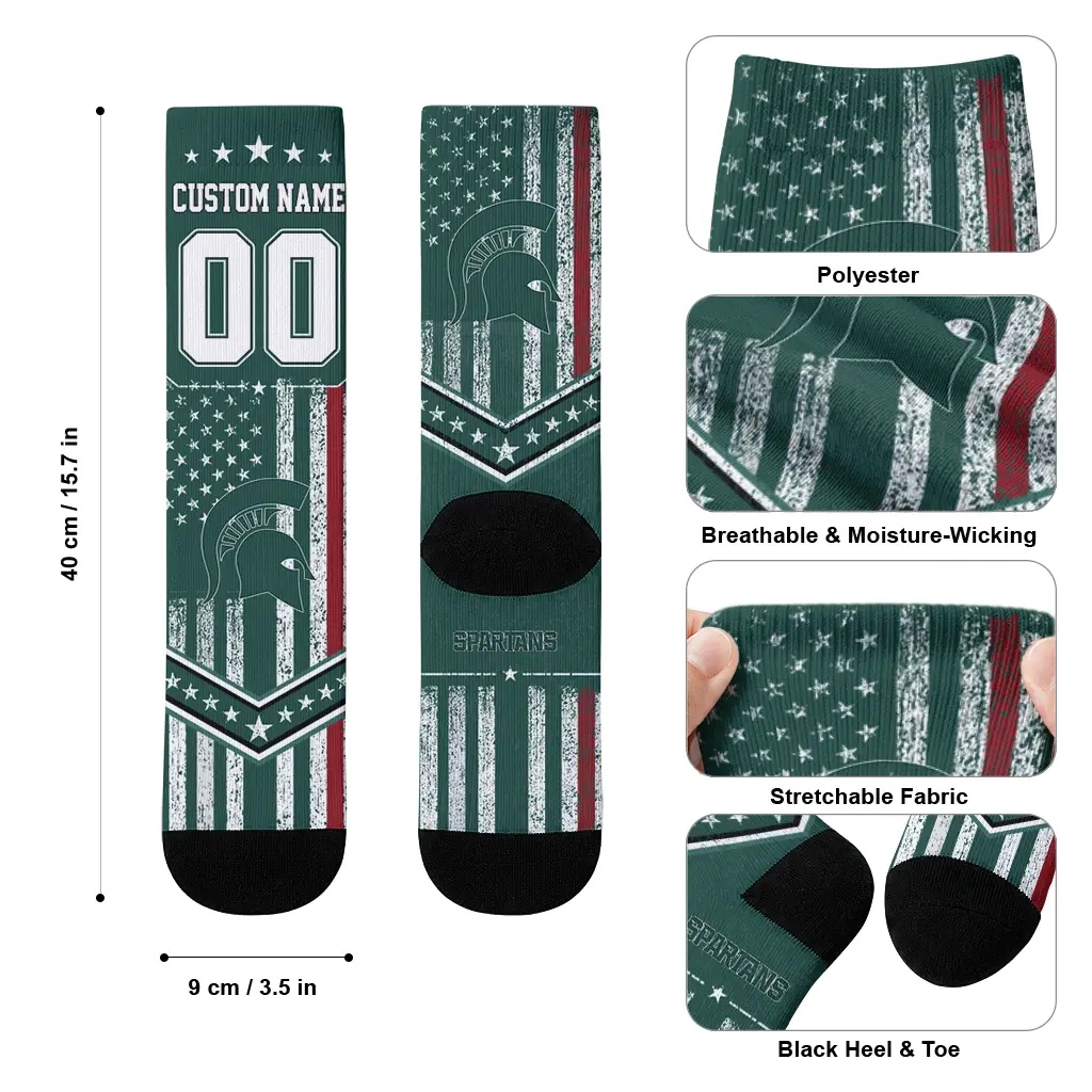 Michigan State Spartans Socks Custom Star Stripes Green White High Quality Michigan State Spartans Socks Custom Star Stripes Green White High Quality