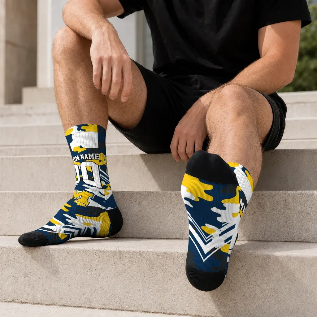Michigan Wolverines Socks Customized Woodland Camo Blue Latest Model Michigan Wolverines Socks Customized Woodland Camo Blue Latest Model