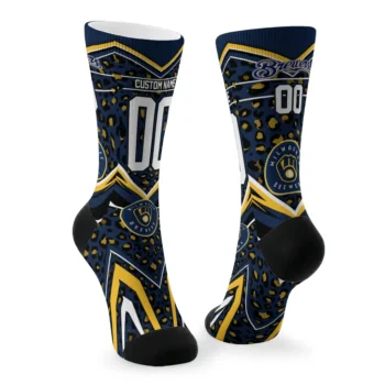 Milwaukee Brewers Socks Custom Leopard Print Navy Blue Black Fashion Forward