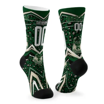 Milwaukee Bucks Socks Custom Leopard Print Green Black Fashion Forward